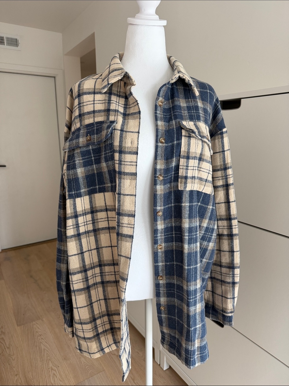 Princess Polly Blue and Cream Plaid Button-Down Shacket